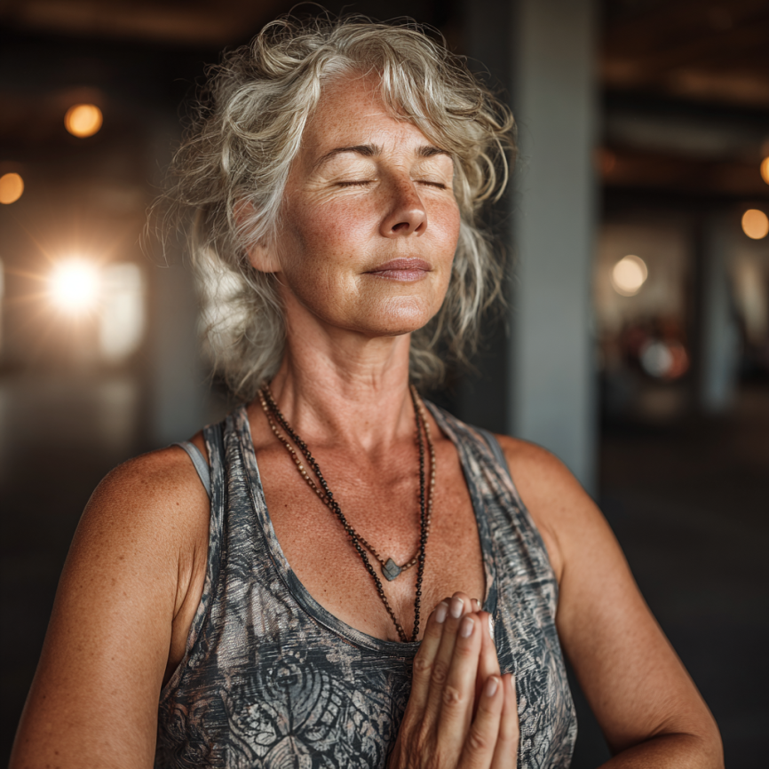 Літні люди займаються йогою в групі